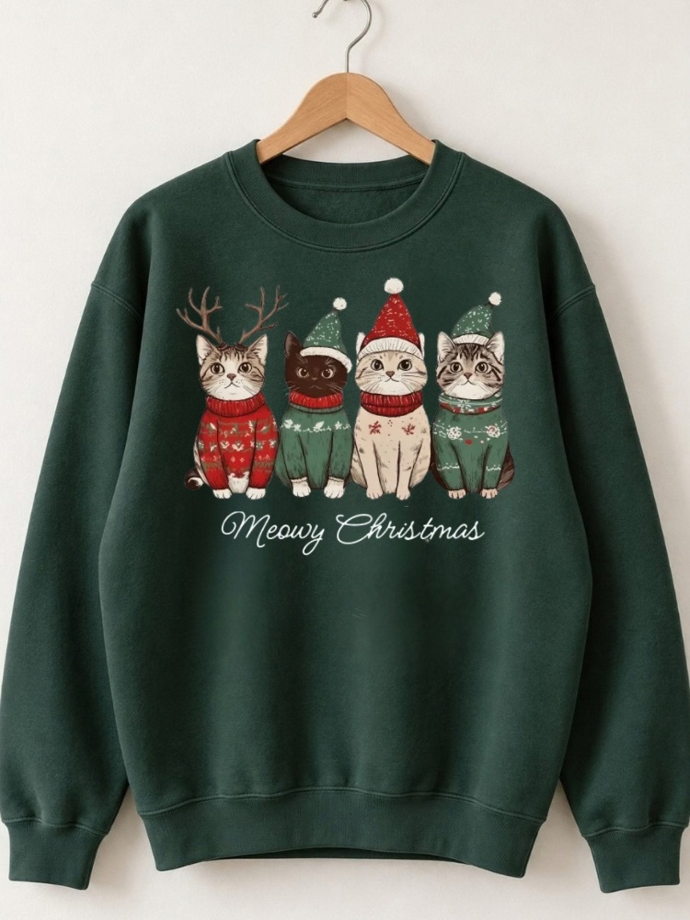 Meowy Christmas Cats Reindeer Antlers Santa Hats Sweatshirt